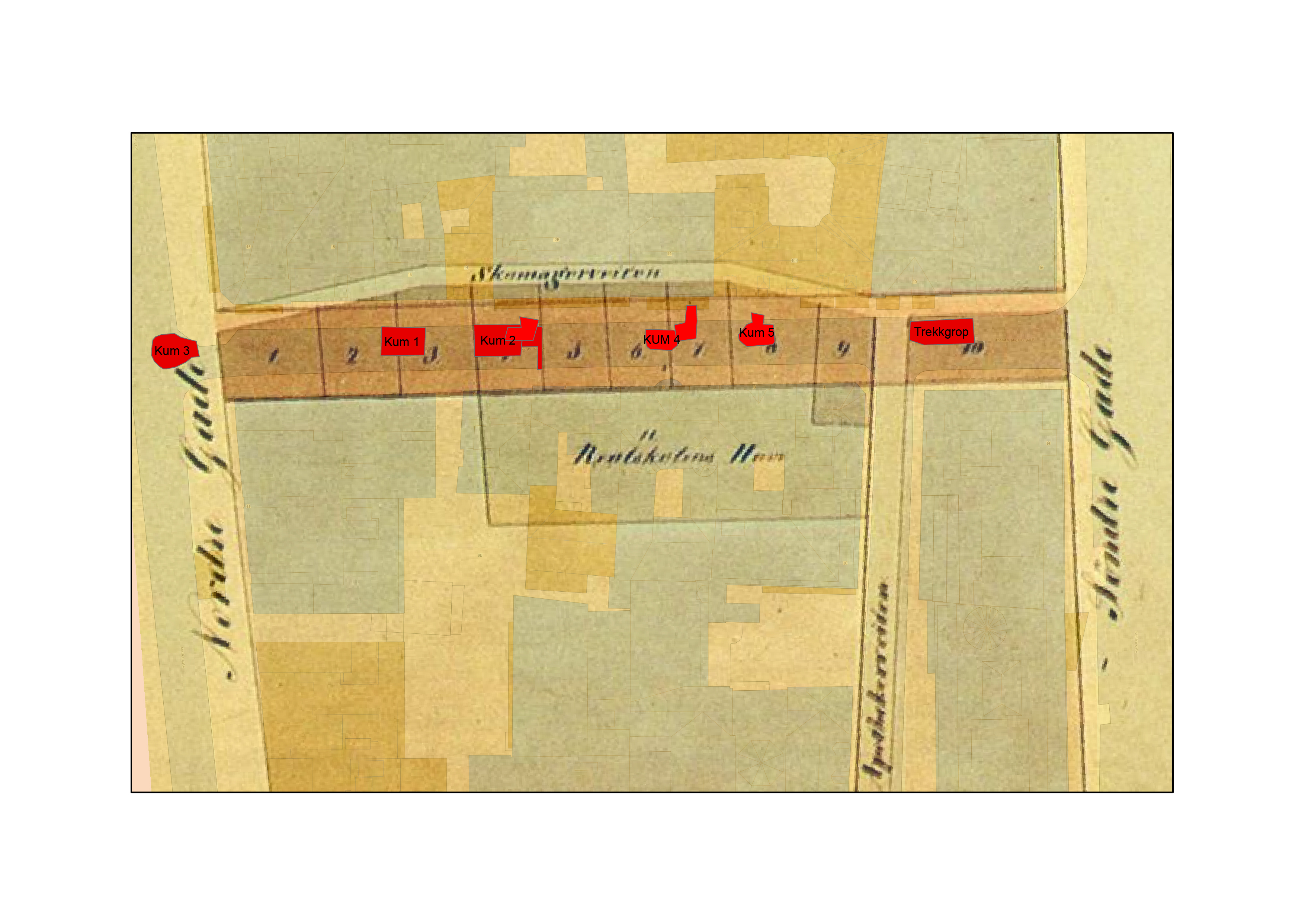 Inngrepene i Thomas Angells gate med reguleringskartet fra 1841 overlagt. Kartgrunnlag: Statens kartverk, Geovekst, 2014
