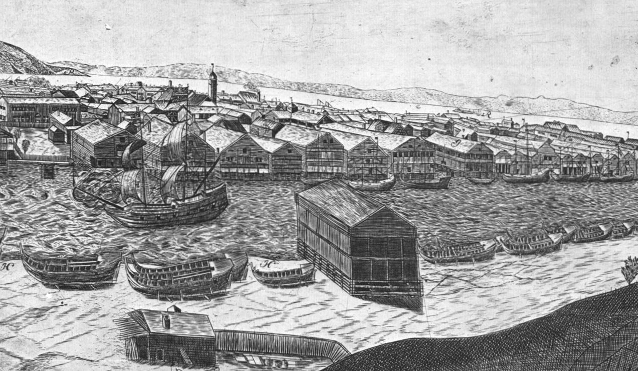 Utsnitt fra Jacob Mortenssøn Maschius (c.1630 – 1678) sitt trykk som viser Trondheim ca 1674.