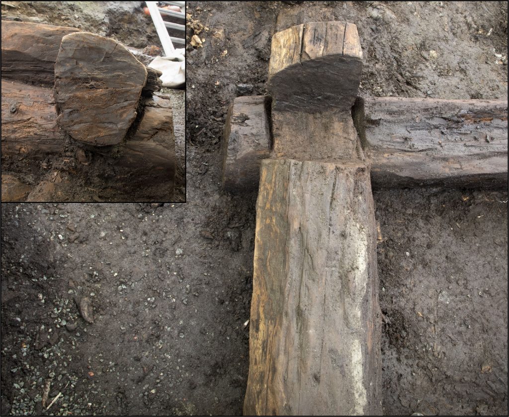 Fig. 7: Close-up of the north-western gable corner in Building 4. In frame is a section-view of the corner, showing two layers of logs (omfar) in the northern gable-wall, and the sill-beam in the western long wall. The larger photo shows the corner after the removal of the upper log in the northern gable wall. The sill-beam in the western long wall is shown on top of the sill-beam in the northern gable wall. Photo: NIKU